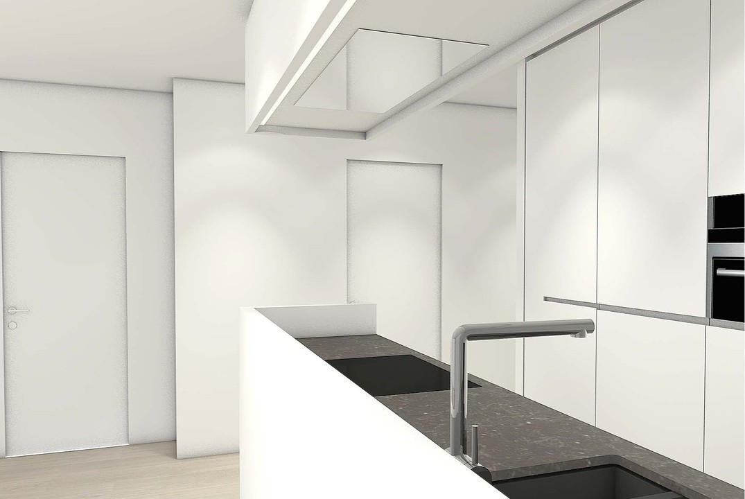 Moderne witte complete design keuken op maat gemaakt door WoonProject. Geplaatst in Zilt Residences. 