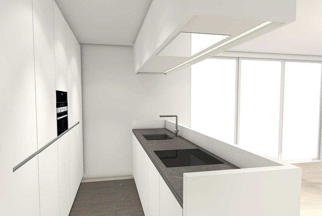 Moderne witte design keuken op maat gemaakt door WoonProject, geplaatst bij Zilt Residences De Panne. Complete keuken met kookeiland.
