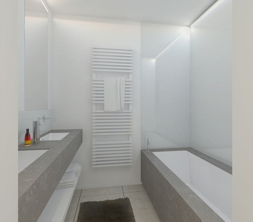 Interieur en afwerking van de badkamer in Zilt Residences De Panne door WoonProject op maat gemaakt, ontworpen en geplaatst.