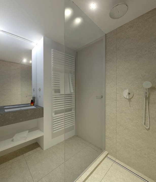Mooi badkamer interieur, design ontworpen door WoonProject Aalter voor Zilt Residences in De Panne.